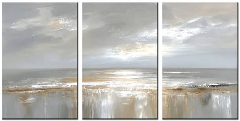 Schilderij Zilverlicht – Drieluik met rustige horizon in zilvergrijs beige crème en wit