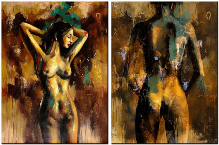 Schilderij Gouden Verleiding – erotisch tweeluik met twee vrouwelijke naakten in warme goud- en aardetinten