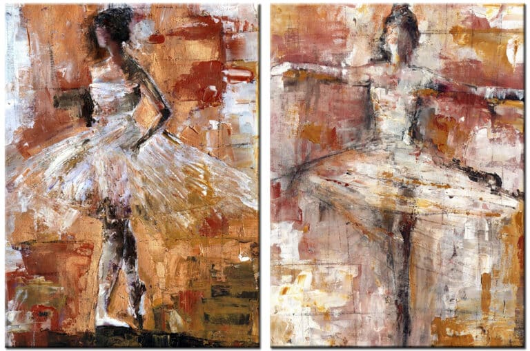 Schilderij Ballet in Aardetinten – tweeluik met twee ballerina’s in witte jurken en warme beige-, bruin- en okertinten