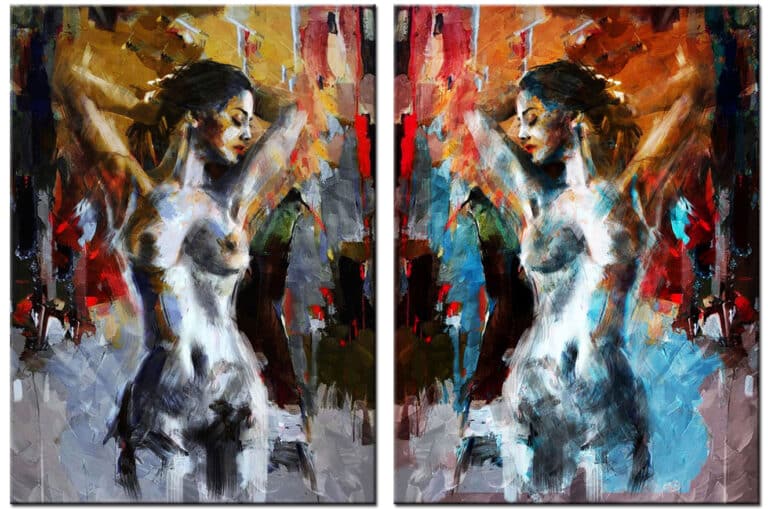 Schilderij Dubbel Verlangen – tweeluik met twee naakte vrouwen in rood, oranje, blauw, grijs en warme aardetinten