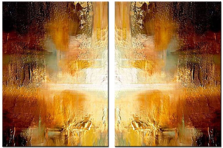 Schilderij Gouden Harmonie – abstract tweeluik in warme goud-, oker-, bruin- en crèmetinten