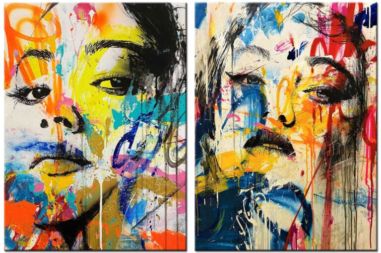Schilderij Kleurrijke Portretten – tweeluik met twee vrouwenportretten in geel, blauw, oranje, roze en zwart