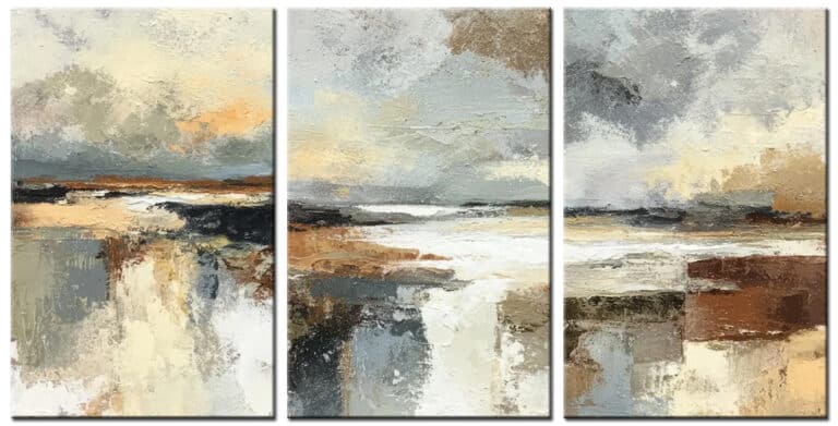 Schilderij Aardse Verte – drieluik landschap in beige, zand, bruin, crème en zachte grijstinten