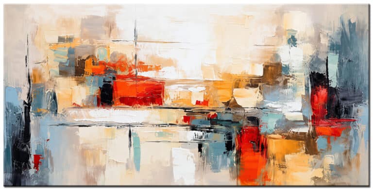 Schilderij Kleurfragmenten – abstracte compositie met rood, oranje, blauwgrijs, beige, crème en zwart