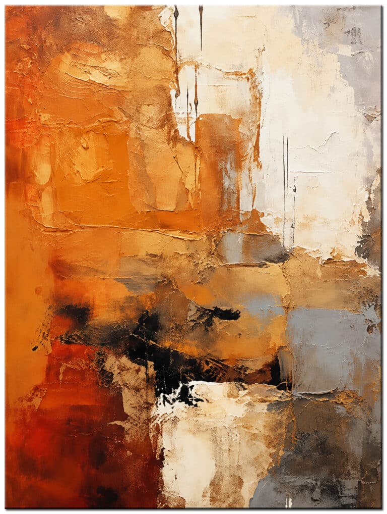 Schilderij Koperen Gloed – abstracte compositie in koper, roestoranje, crème, grijs en zwart
