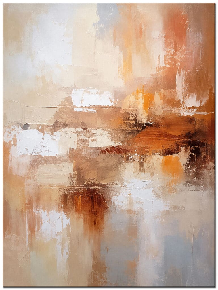 Schilderij Warme Nevel – abstracte compositie in beige, crème, taupe, zachtgrijs en warme roesttinten