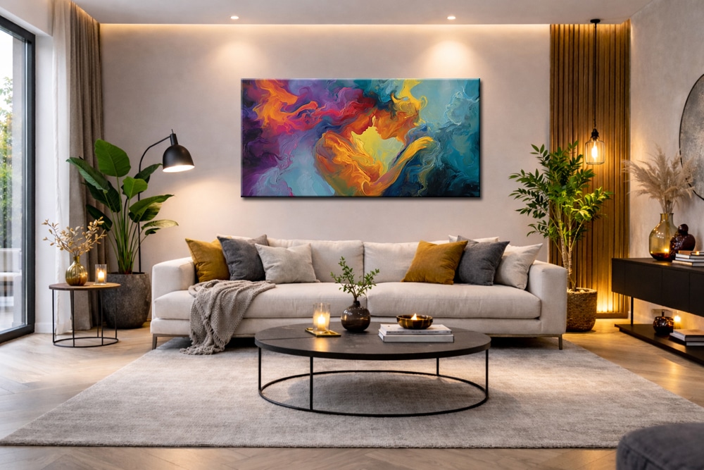 Figuratief schilderij boven de bank in een moderne woonkamer