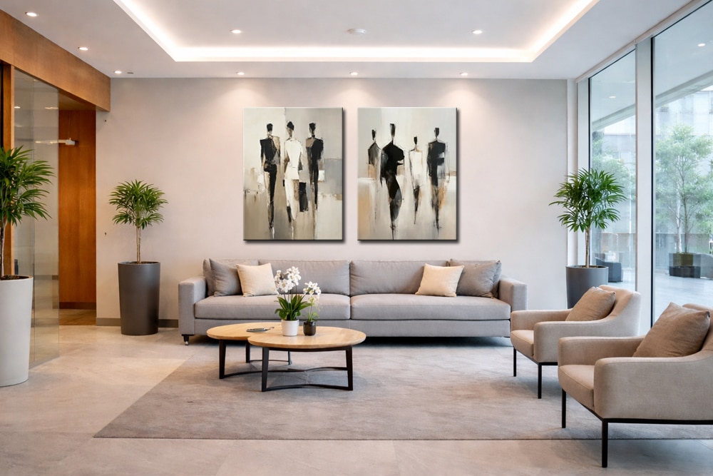 Wat is een figuratief schilderij - Figuratief schilderij met gestileerde menselijke figuren in zwart en beige