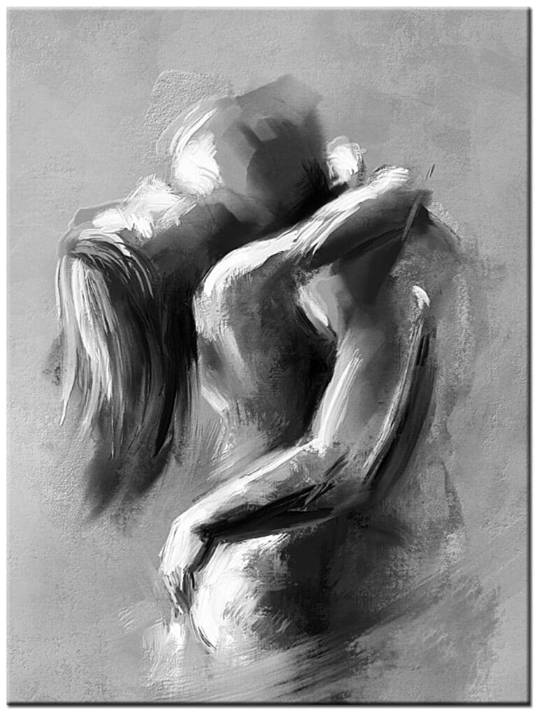 Schilderij Liefde in Schaduw – twee geliefden in een sensuele omhelzing, geschilderd in zwart, wit en grijstinten