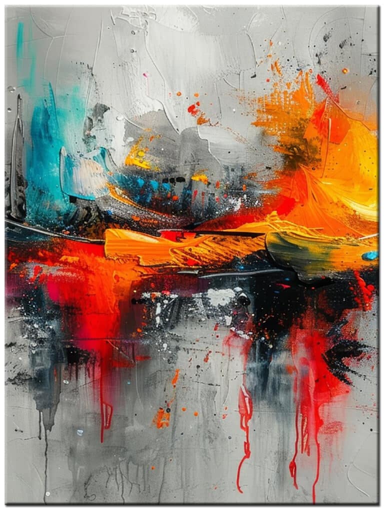 Schilderij Vurig Contrast – abstracte compositie met oranje, rood, turquoise, grijs en zwarte verfstreken