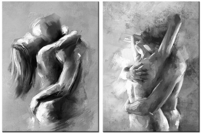 Schilderij Liefde in Tweevoud – zwart-wit tweeluik met twee sensuele omhelzingen van geliefden