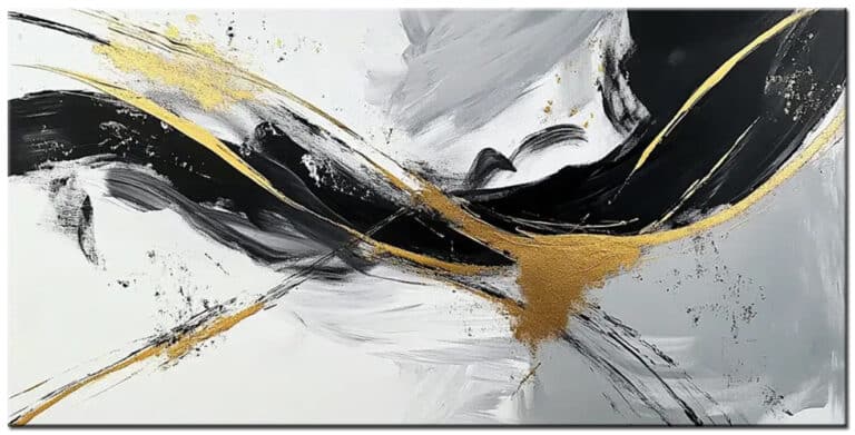 Schilderij Midnight Gold – horizontaal abstract schilderij met brede zwarte penseelstreken, grijze kleurvlakken en goudkleurige lijnen op een witte achtergrond