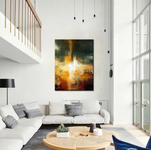 welk schilderij past bij mij moderne woonkamer met schilderij aan muur